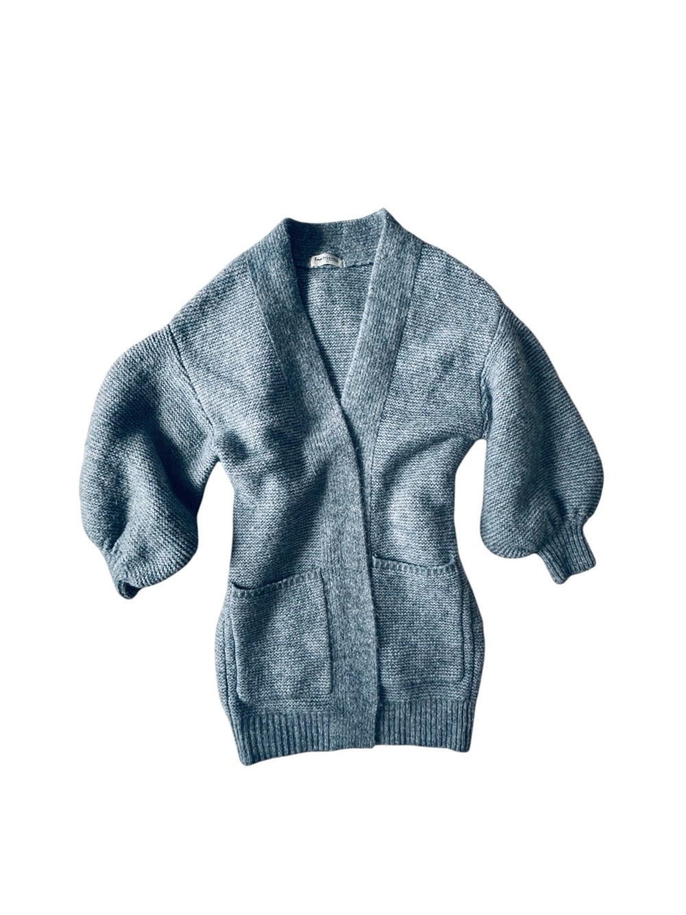 Impressions Boutique Dusty Blue Open-Front Knit Cardigan Puff Bubble Womens M/L - Picture 2 of 8